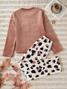 Leopardmönstrad flanell långärmad topp och byxor Fluffiga pyjamasset Mysiga och eleganta detaljer, höst- och vinterkläder - Multifärgad - Visa 2