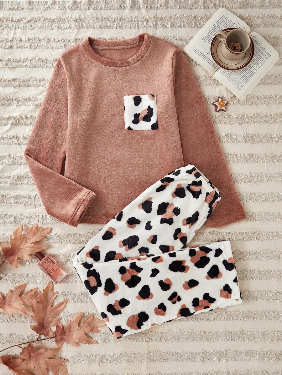 Leopardmönstrad flanell långärmad topp och byxor Fluffiga pyjamasset Mysiga och eleganta detaljer, höst- och vinterkläder - Multifärgad - Visa 1
