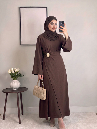 Celisse Women's Fashion Metal Buckle Long Sleeve Pleated Dress Teachers' Day Office Tea Party Coffee Brown Autumn Modest