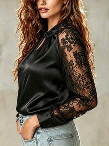 Trelyra Women's Plus Size Elegant Keyhole Collar Contrast Lace Mushroom Button Raglan Sleeve Fashion Blouse, Long Sleeve Top, All Season, Suitable For Daily Wear And Travel - Black - View 5