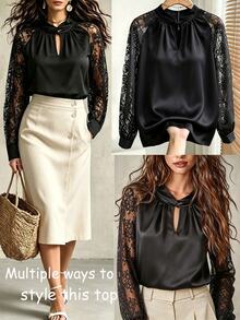 Trelyra Women's Plus Size Elegant Keyhole Collar Contrast Lace Mushroom Button Raglan Sleeve Fashion Blouse, Long Sleeve Top, All Season, Suitable For Daily Wear And Travel - Black - View 6