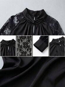 Trelyra Women's Plus Size Elegant Keyhole Collar Contrast Lace Mushroom Button Raglan Sleeve Fashion Blouse, Long Sleeve Top, All Season, Suitable For Daily Wear And Travel - Black - View 8