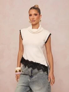 Lumalex Women's Spring/Summer New Arrival Pullover Sweater, Apricot Color Block Patchwork Black Lace Knit Top, Lace Patchwork Short Sleeve Design, Casual Fashion Korean-French Style - Apricot - View 9