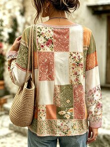 Breezaya Plus Size Women's Patchwork Floral Print Round Neck Long Sleeve Casual T-Shirt Fall - Multicolor - View 2