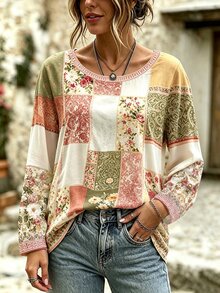 Breezaya Plus Size Women's Patchwork Floral Print Round Neck Long Sleeve Casual T-Shirt Fall - Multicolor - View 3