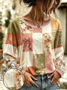 Breezaya Plus Size Women's Patchwork Floral Print Round Neck Long Sleeve Casual T-Shirt Fall - Multicolor - View 1
