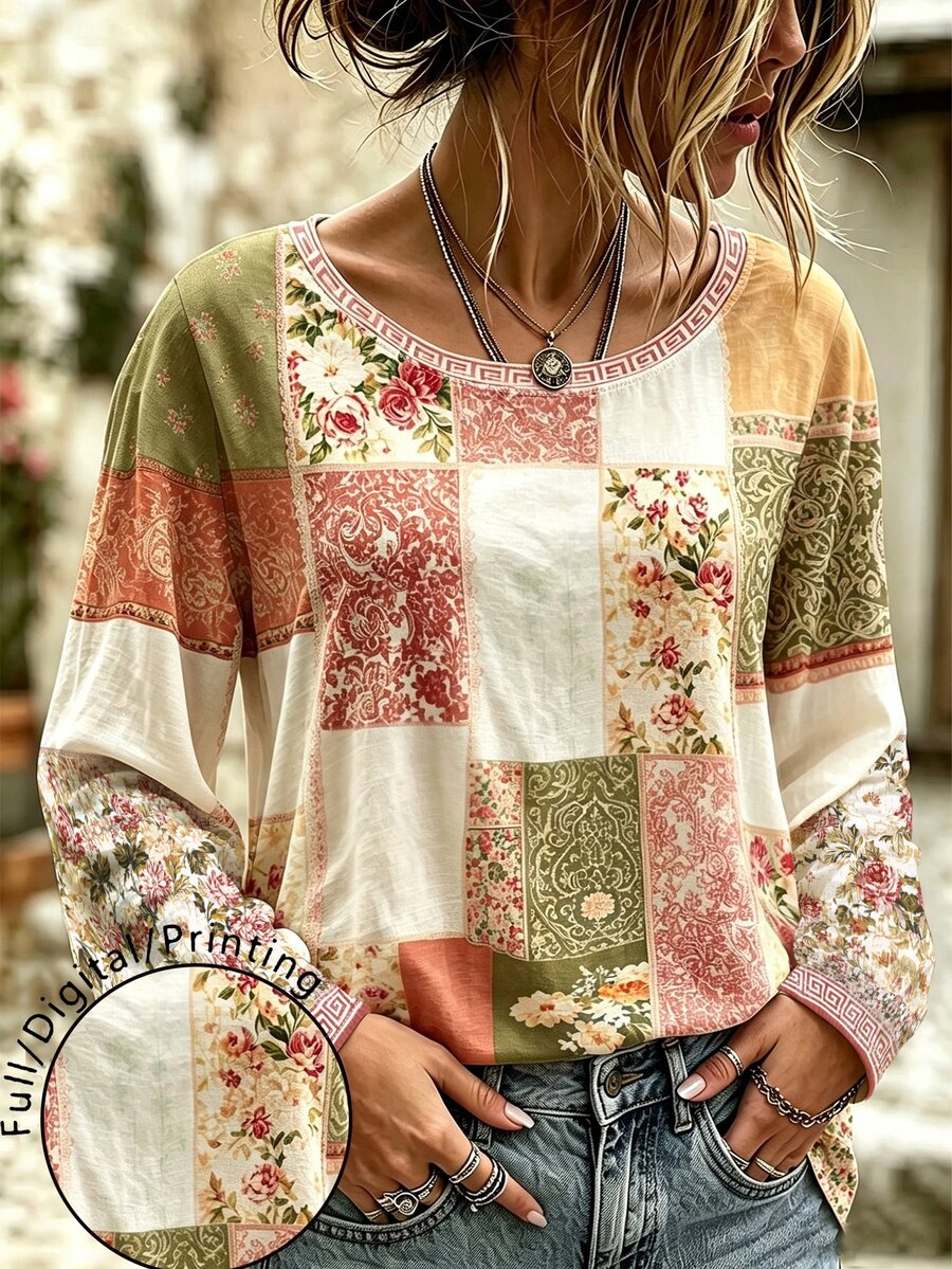 Breezaya Plus Size Women's Patchwork Floral Print Round Neck Long Sleeve Casual T-Shirt Fall - Multicolor - View 1