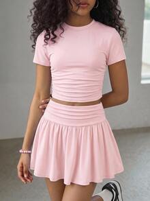 SHEIN Tween Girl 3pcs Pieces Tween Girl Set Multi-Color Black White Pink Short Sleeve Skirt Outfit - Multicolor - View 12