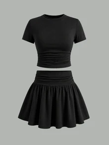 SHEIN Tween Girl 3pcs Pieces Tween Girl Set Multi-Color Black White Pink Short Sleeve Skirt Outfit - Multicolor - View 6