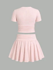 SHEIN Tween Girl 3pcs Pieces Tween Girl Set Multi-Color Black White Pink Short Sleeve Skirt Outfit - Multicolor - View 9