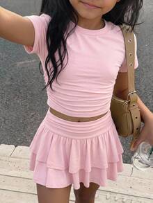 SHEIN Tween Girl 3pcs Pieces Tween Girl Set Multi-Color Black White Pink Short Sleeve Skirt Outfit - Multicolor - View 1