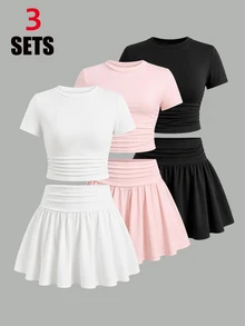 SHEIN Tween Girl 3pcs Pieces Tween Girl Set Multi-Color Black White Pink Short Sleeve Skirt Outfit - Multicolor - View 2