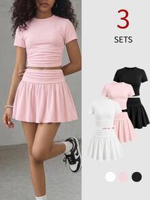 SHEIN Tween Girl 3pcs Pieces Tween Girl Set Multi-Color Black White Pink Short Sleeve Skirt Outfit - Multicolor - View 5