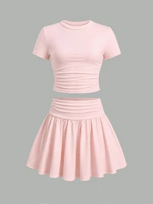 SHEIN Tween Girl 3pcs Pieces Tween Girl Set Multi-Color Black White Pink Short Sleeve Skirt Outfit - Multicolor - View 8