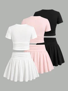 SHEIN Tween Girl 3pcs Pieces Tween Girl Set Multi-Color Black White Pink Short Sleeve Skirt Outfit - Multicolor - View 13