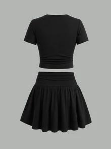 SHEIN Tween Girl 3pcs Pieces Tween Girl Set Multi-Color Black White Pink Short Sleeve Skirt Outfit - Multicolor - View 3