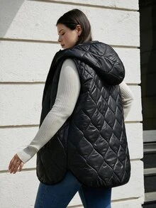 SHEIN Cottnline Plussize Quilted Fabric Hooded Metal Look Zippered Puffer Vest, For Winter - Black - View 2