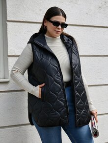 SHEIN Cottnline Plussize Quilted Fabric Hooded Metal Look Zippered Puffer Vest, For Winter - Black - View 4