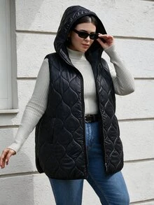 SHEIN Cottnline Plussize Quilted Fabric Hooded Metal Look Zippered Puffer Vest, For Winter - Black - View 1