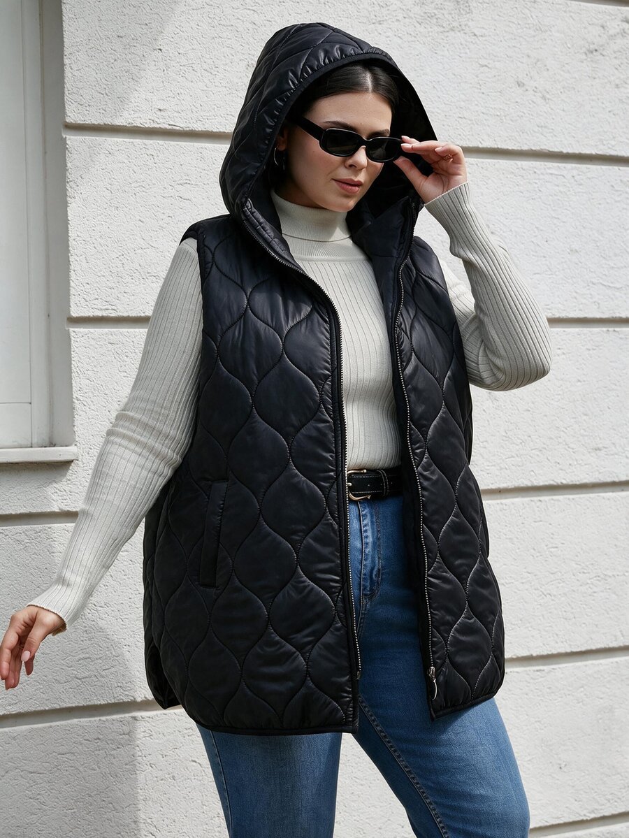 SHEIN Cottnline Plussize Quilted Fabric Hooded Metal Look Zippered Puffer Vest, For Winter - Black - View 1