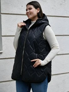 SHEIN Cottnline Plussize Quilted Fabric Hooded Metal Look Zippered Puffer Vest, For Winter - Black - View 3