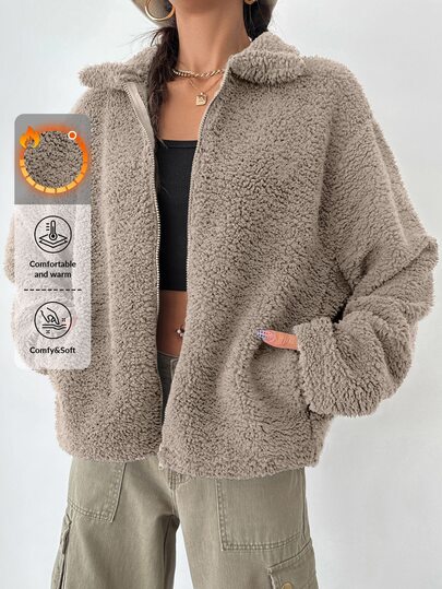SHEIN Plus Size Solid Beige Color Zip Up Drop Shoulder Pocket Detailed Casual Teddy Coat