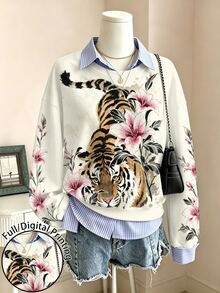 Modelyn Women's Tiger Print Patchwork Striped 2 In 1 Drop Shoulder Long Sleeve Casual Sweatshirt - Multicolor - View 3