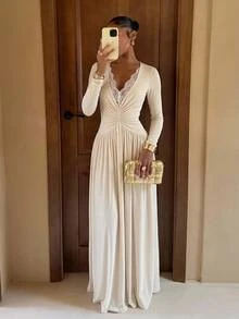 Lumalex Women's Elegant Ivory Lace Patchwork Deep V-Neck Pleated Slimming Elegant Long Dress, Suitable For Vacation, Party, Cocktail, Date And Other Occasions - Apricot - View 2