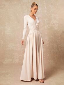 Lumalex Women's Elegant Ivory Lace Patchwork Deep V-Neck Pleated Slimming Elegant Long Dress, Suitable For Vacation, Party, Cocktail, Date And Other Occasions - Apricot - View 12
