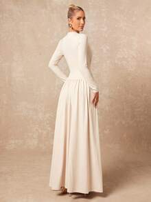 Lumalex Women's Elegant Ivory Lace Patchwork Deep V-Neck Pleated Slimming Elegant Long Dress, Suitable For Vacation, Party, Cocktail, Date And Other Occasions - Apricot - View 7