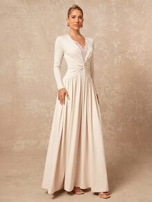 Lumalex Women's Elegant Ivory Lace Patchwork Deep V-Neck Pleated Slimming Elegant Long Dress, Suitable For Vacation, Party, Cocktail, Date And Other Occasions - Apricot - View 5