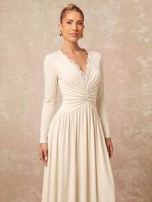Lumalex Women's Elegant Ivory Lace Patchwork Deep V-Neck Pleated Slimming Elegant Long Dress, Suitable For Vacation, Party, Cocktail, Date And Other Occasions - Apricot - View 9