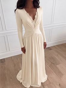 Lumalex Women's Elegant Ivory Lace Patchwork Deep V-Neck Pleated Slimming Elegant Long Dress, Suitable For Vacation, Party, Cocktail, Date And Other Occasions - Apricot - View 3