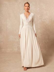 Lumalex Women's Elegant Ivory Lace Patchwork Deep V-Neck Pleated Slimming Elegant Long Dress, Suitable For Vacation, Party, Cocktail, Date And Other Occasions - Apricot - View 6