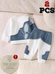 2pcs Newborn Baby Boys Sweatshirt Sets Athletic Navy Blue White Logo Patchwork Long Sleeve Coming Autumn Winter Solid,1 Random Set - Multicolor - View 2