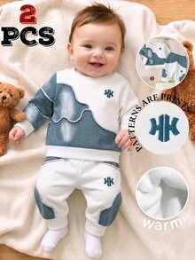 2pcs Newborn Baby Boys Sweatshirt Sets Athletic Navy Blue White Logo Patchwork Long Sleeve Coming Autumn Winter Solid,1 Random Set - Multicolor - View 4