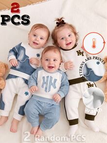 2pcs Newborn Baby Boys Sweatshirt Sets Athletic Navy Blue White Logo Patchwork Long Sleeve Coming Autumn Winter Solid,1 Random Set - Multicolor - View 3