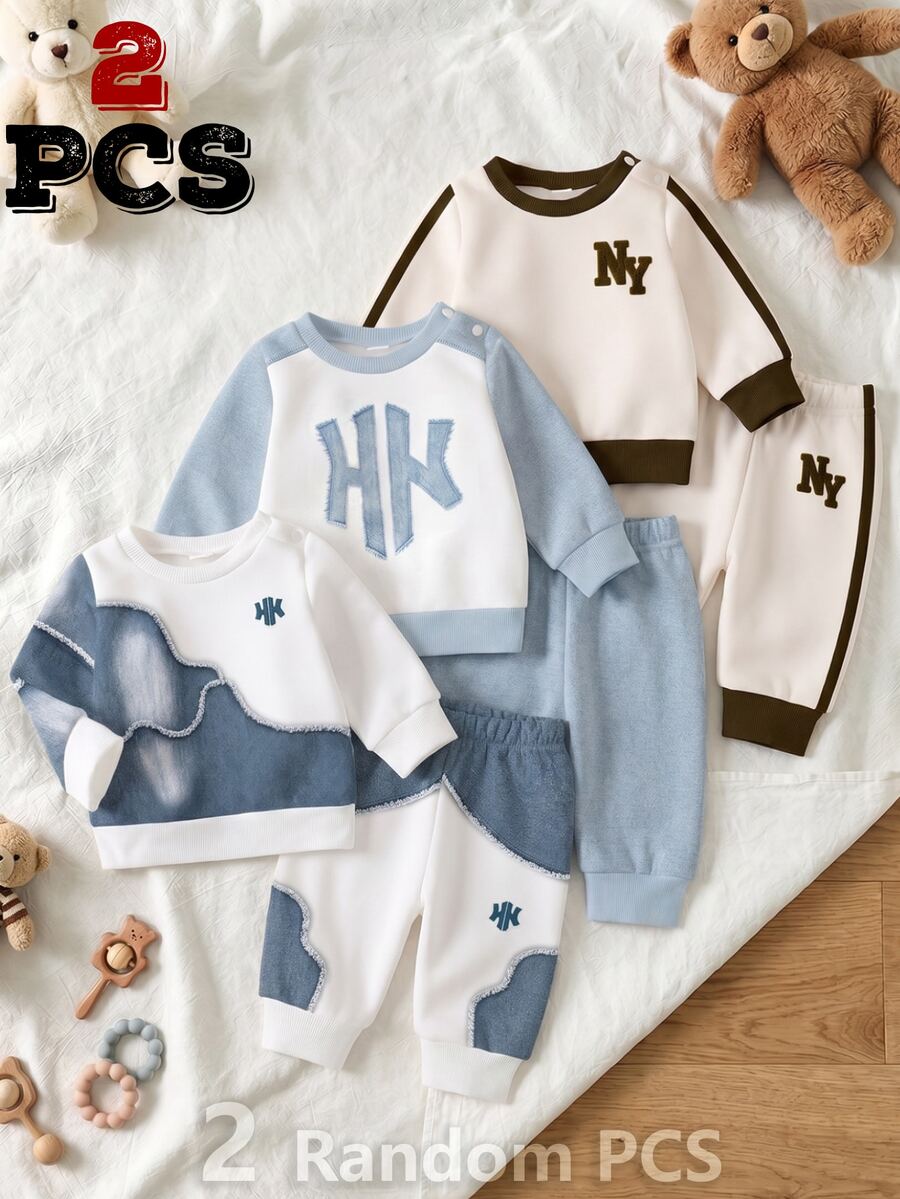 2pcs Newborn Baby Boys Sweatshirt Sets Athletic Navy Blue White Logo Patchwork Long Sleeve Coming Autumn Winter Solid,1 Random Set - Multicolor - View 1