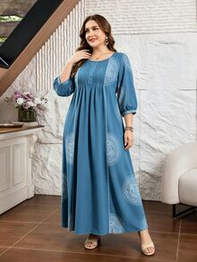 SHEIN Najma 大尺碼女款圓形幾何印花V領長袖口袋設計寬鬆喇叭休閒長洋裝，深藍色幾何圖案長裙 - 彩色 - 查看 5