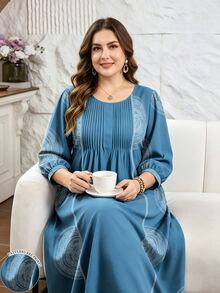 SHEIN Najma 大尺碼女款圓形幾何印花V領長袖口袋設計寬鬆喇叭休閒長洋裝，深藍色幾何圖案長裙 - 彩色 - 查看 1