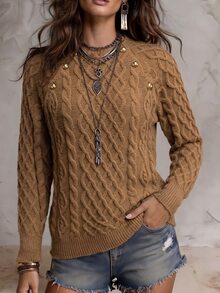 SHEIN Autumn/Winter Vintage Cable Knit Long Sleeve Raglan Sleeve Metal Button Knit Sweater For Women - Coffee Brown - View 1