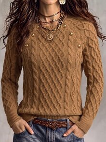 SHEIN Autumn/Winter Vintage Cable Knit Long Sleeve Raglan Sleeve Metal Button Knit Sweater For Women - Coffee Brown - View 5