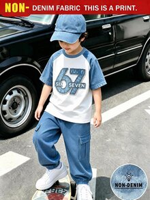 2件組男童幼兒短袖收口褲套裝，英文數字67數位印花，藍色工裝褲，時尚休閒短袖收口褲套裝，藍白配色 - 彩色 - 查看 1