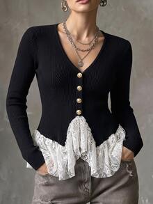 SHEIN Clasi White V-Neck Lace Patchwork Knit Sweater, Exquisite And Chic Fall Winter - Black - View 6