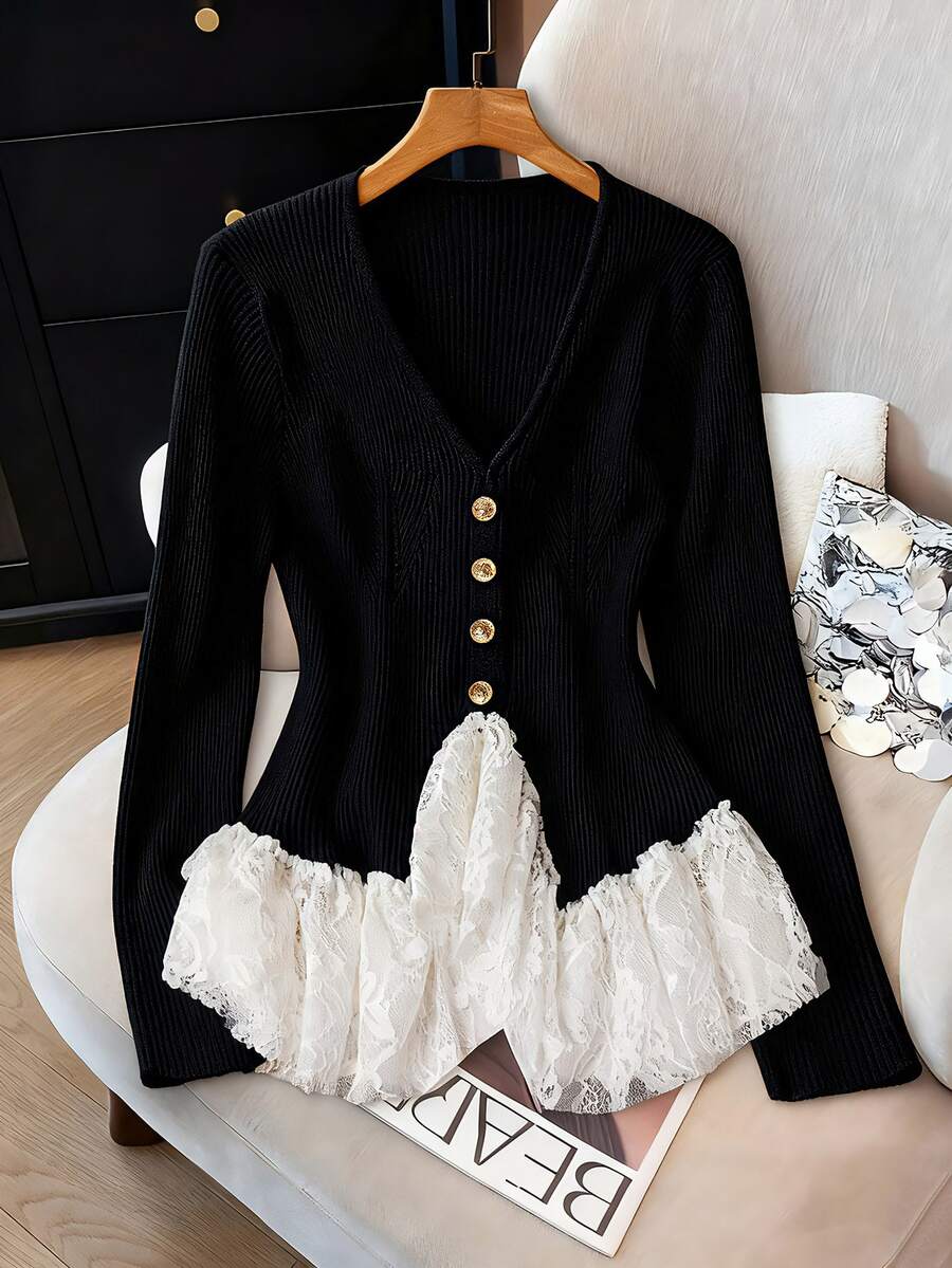 SHEIN Clasi White V-Neck Lace Patchwork Knit Sweater, Exquisite And Chic Fall Winter - Black - View 1