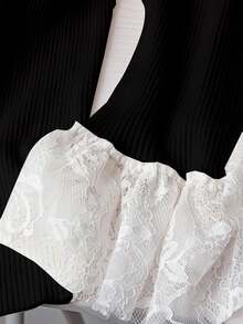 SHEIN Clasi White V-Neck Lace Patchwork Knit Sweater, Exquisite And Chic Fall Winter - Black - View 4