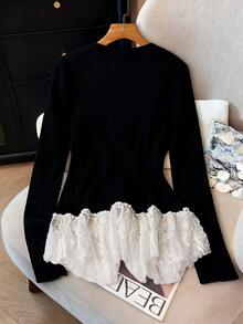 SHEIN Clasi White V-Neck Lace Patchwork Knit Sweater, Exquisite And Chic Fall Winter - Black - View 2