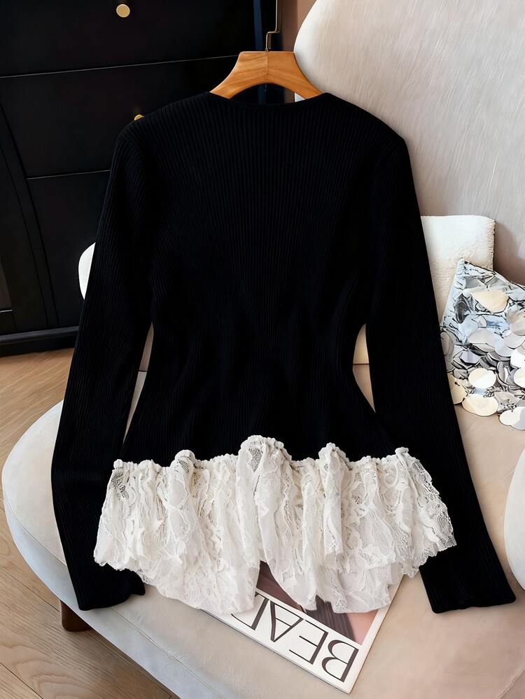 SHEIN Clasi 白色V领蕾丝拼布针织衫，精致又别致 - 黑色 - 查看 2
