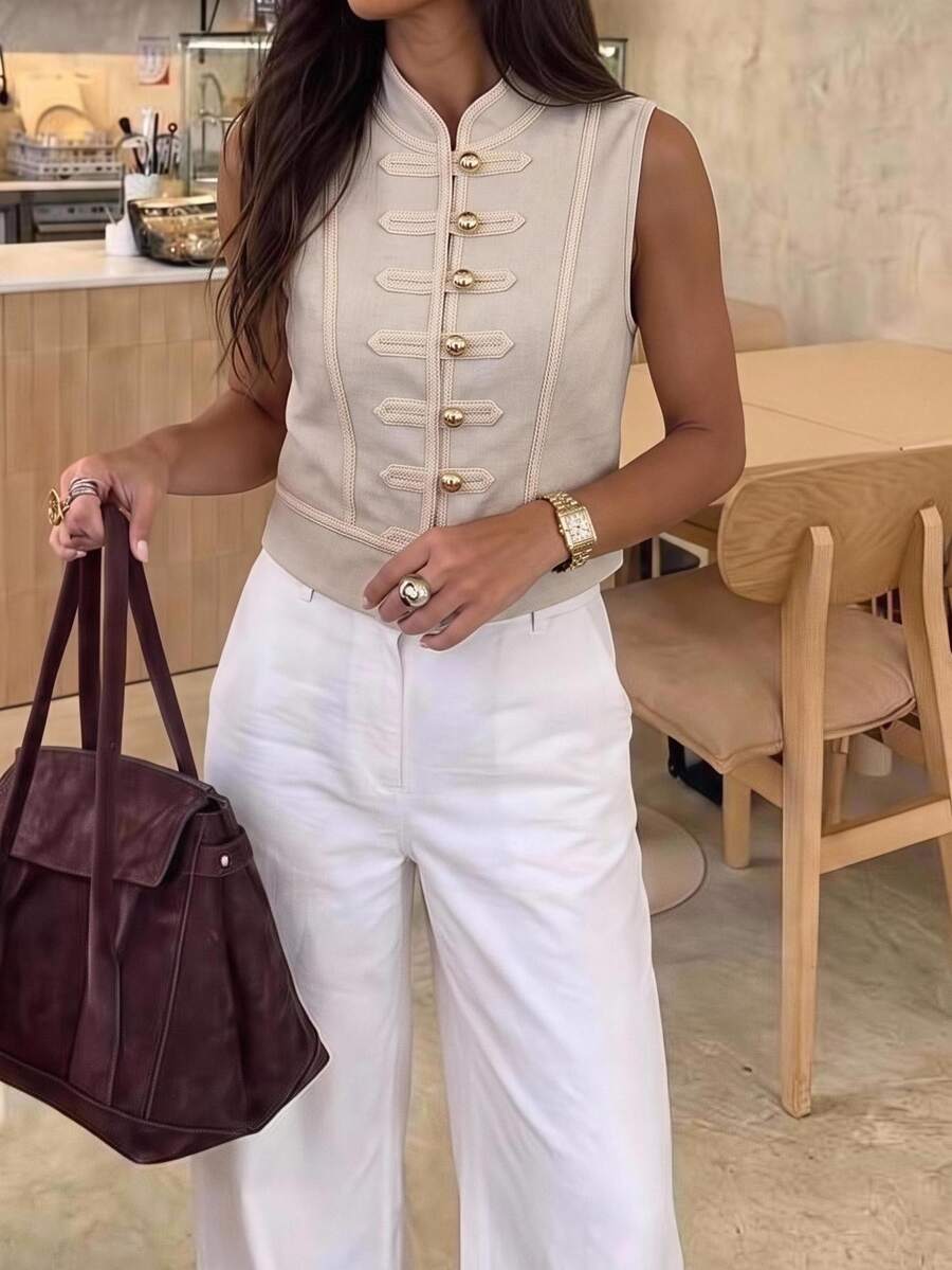Serisse Women's Fashion Elegant Frog Button Vest Jacket,Chinese Style , Chinese Button,Elegant - Apricot - View 1