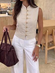 Serisse Women's Fashion Elegant Frog Button Vest Jacket,Chinese Style , Chinese Button,Elegant - Apricot - View 2